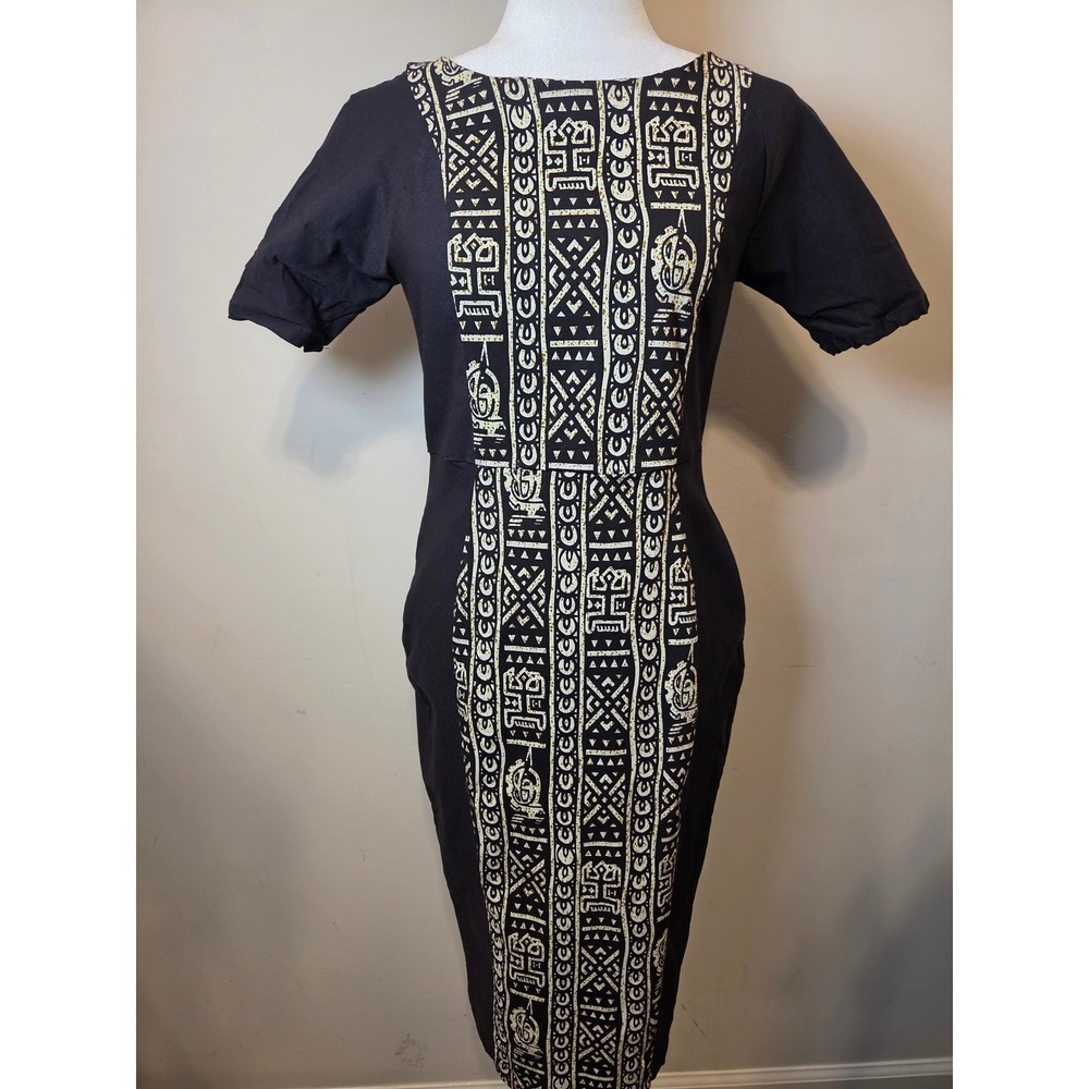 D'iyanu African Print Pencil Dress Black Cream Geometric Short Sleeve Midi L